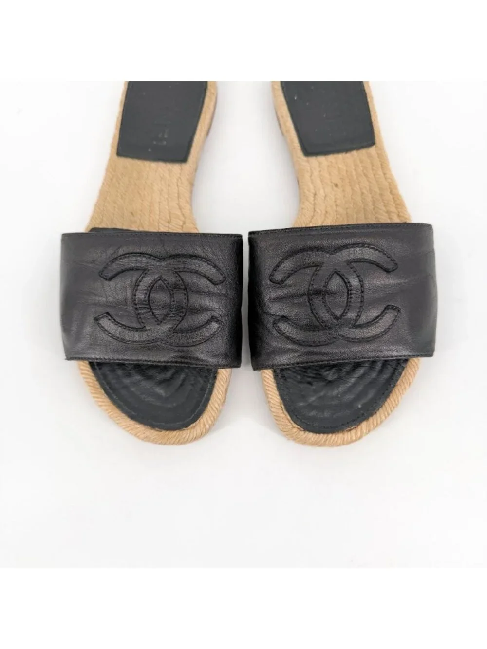 Chanel CC Flat Espadrille Mule Slide Sandals Black Leather Size 38 US 7-7.5 - Picture 4 of 15